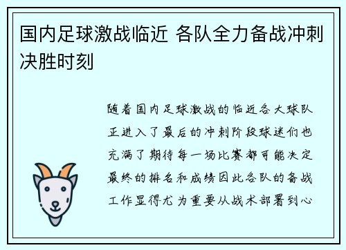 国内足球激战临近 各队全力备战冲刺决胜时刻